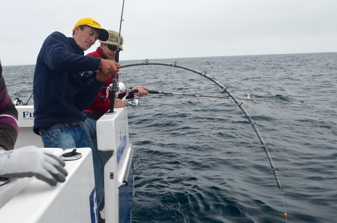 Liam playing a 167lb Blue Shark on the Fin Nor Offshore Rod
